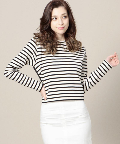 ROSE BUD(ローズバッド)の「【カタログ掲載】【雑誌掲載】LCTT-15120 HI-NECK L/S CROPPED-T(Tシャツ/カットソー・レディース・ホワイト/ブラック/ミックスグレー/ブルー・ONE SIZE)」の1枚目の写真