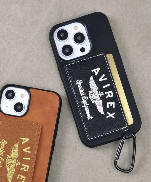 AVIREX（アヴィレックス）の「iPhone14 iPhone14Pro iPhone13 カード収納付き アヴィレックス 背面 スマホケース [刺繍ロゴ]（スマホケース/カバー・メンズ・ブラック/ブラウン・O/N）」の2枚目の写真