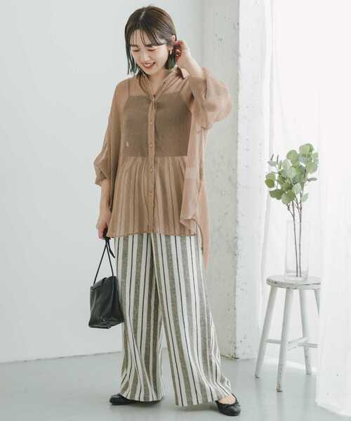 ITEMS URBANRESEARCH（アイテムズ アーバンリサーチ）の「リネンレーヨンワイドパンツ（その他パンツ・レディース・モカ/グリーン/ストライプ/ホワイト系その他/ブラック系その他/ネイビー・MEDIUM/SMALL）」の14枚目の写真