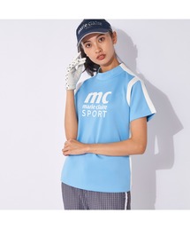 marie claire GOLF/マリクレール ゴルフ ゴルフウェア ライン柄 ブランド ロゴ 伸縮素材 UVカット モックネック 半袖 シャツ