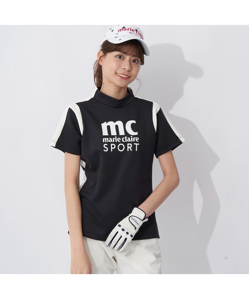 marie claire(マリ・クレール)の「marie claire GOLF/マリクレール ゴルフ ゴルフウェア ライン柄 ブランド ロゴ 伸縮素材 UVカット モックネック 半袖 シャツ(Tシャツ/カットソー・レディース・ブラック/ライトグレー/ブルー・L/M/LL/S)」の4枚目の写真