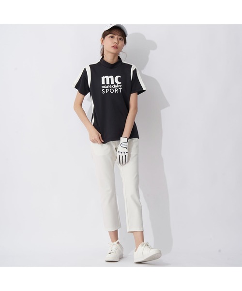 marie claire(マリ・クレール)の「marie claire GOLF/マリクレール ゴルフ ゴルフウェア ライン柄 ブランド ロゴ 伸縮素材 UVカット モックネック 半袖 シャツ(Tシャツ/カットソー・レディース・ブラック/ライトグレー/ブルー・L/M/LL/S)」の5枚目の写真