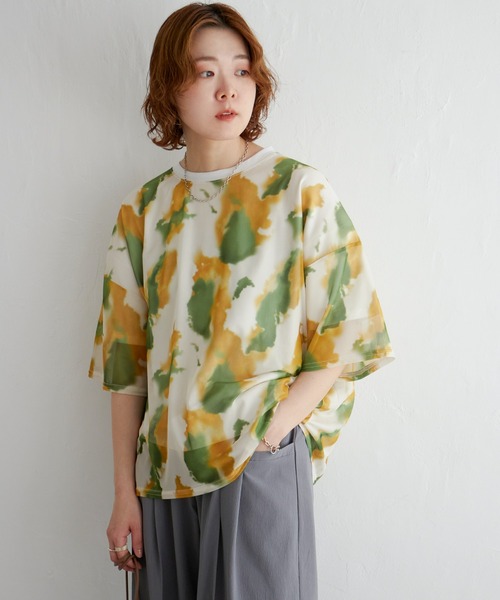 notch.(ノッチ)の「水彩柄シアーTシャツ(Tシャツ/カットソー・レディース・ネイビー/ブラウン/イエロー・M)」の1枚目の写真