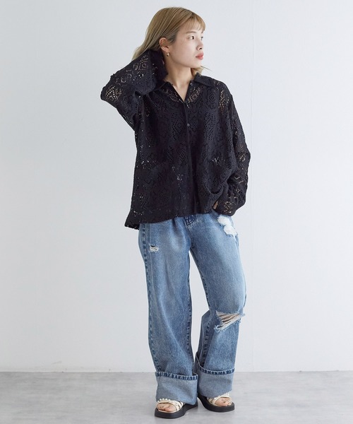 clore+ レディワークシャツ w closet（ダブルクローゼット）の「レースパイピングシャツ