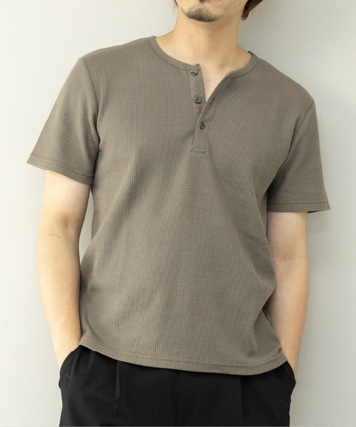 STYLEBLOCK（スタイルブロック）の「TCワッフル3Bヘンリー半袖Tシャツ（Tシャツ/カットソー・メンズ・ホワイト/杢グレー/ブラック/グレイッシュベージュ・L/M/LL）」の4枚目の写真