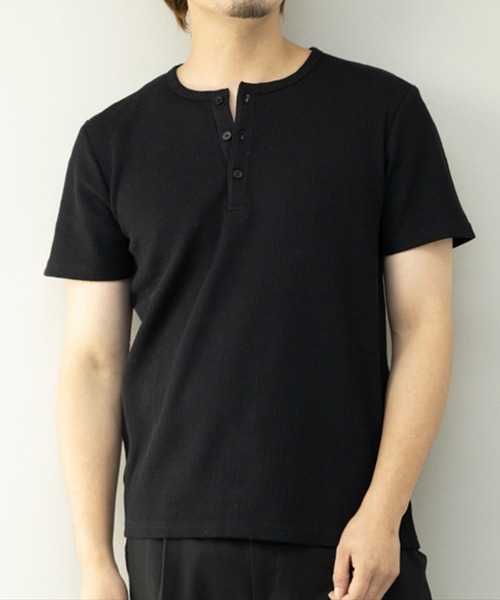 STYLEBLOCK（スタイルブロック）の「TCワッフル3Bヘンリー半袖Tシャツ（Tシャツ/カットソー・メンズ・ホワイト/杢グレー/ブラック/グレイッシュベージュ・L/M/LL）」の2枚目の写真