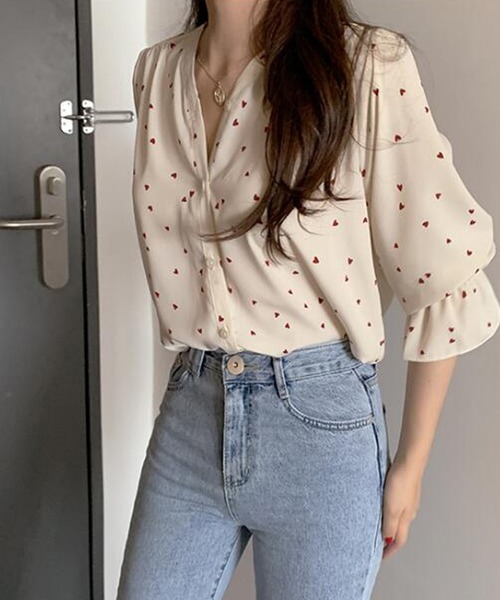 DiamondHearts（ダイヤモンドハーツ）の「ハート柄シフォンシャツ（シャツ/ブラウス・レディース・ブラック/ベージュ/レッド・MEDIUM/LARGE/X-LARGE）」の10枚目の写真