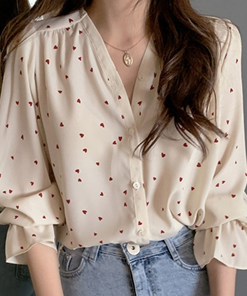 DiamondHearts（ダイヤモンドハーツ）の「ハート柄シフォンシャツ（シャツ/ブラウス・レディース・ブラック/ベージュ/レッド・MEDIUM/LARGE/X-LARGE）」の12枚目の写真