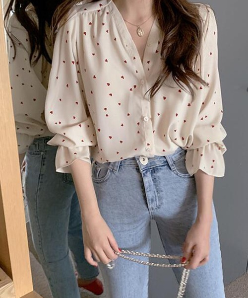 DiamondHearts（ダイヤモンドハーツ）の「ハート柄シフォンシャツ（シャツ/ブラウス・レディース・ブラック/ベージュ/レッド・MEDIUM/LARGE/X-LARGE）」の13枚目の写真