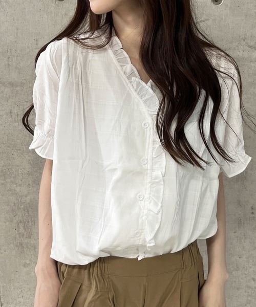 セール】フリルバンドカラー半袖ブラウス（シャツ/ブラウス