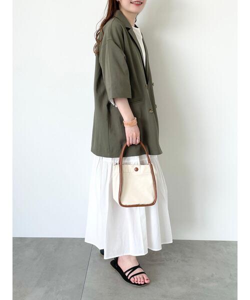 ehka sopo（エヘカソポ）の「ダブルブレスト半袖ジャケット(セットアップ可)（ノーカラージャケット・レディース・カーキ/ベージュ/モカ・F）」の7枚目の写真