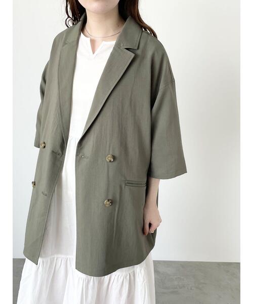ehka sopo（エヘカソポ）の「ダブルブレスト半袖ジャケット(セットアップ可)（ノーカラージャケット・レディース・カーキ/ベージュ/モカ・F）」の8枚目の写真