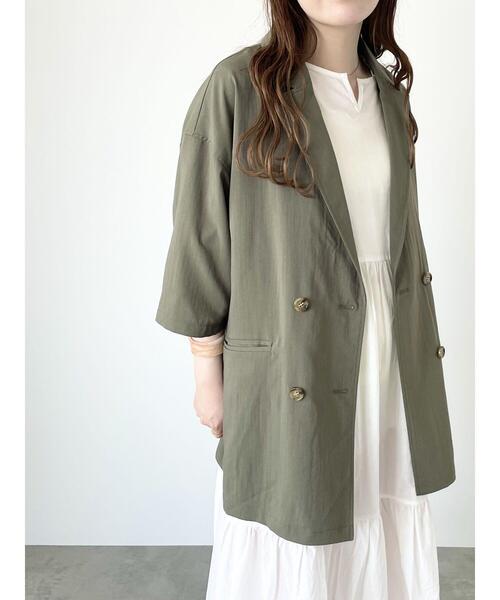 ehka sopo（エヘカソポ）の「ダブルブレスト半袖ジャケット(セットアップ可)（ノーカラージャケット・レディース・カーキ/ベージュ/モカ・F）」の9枚目の写真