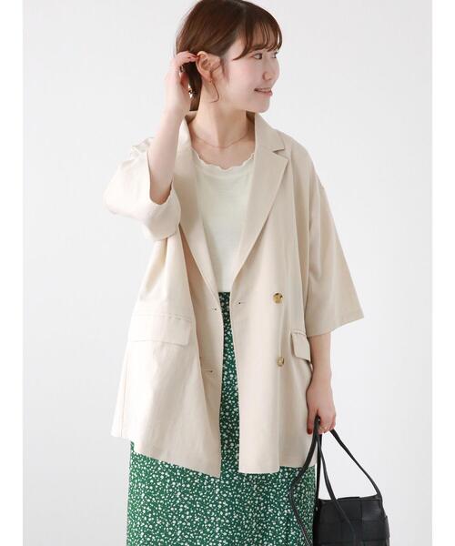 ehka sopo（エヘカソポ）の「ダブルブレスト半袖ジャケット(セットアップ可)（ノーカラージャケット・レディース・カーキ/ベージュ/モカ・F）」の15枚目の写真
