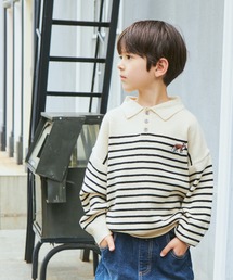 PAIRMANON STREET | 【PAIRMANON STREET】総柄 ボーダー 胸刺繍入り ポロ襟 ルーズシルエット ニット(ニット/セーター)