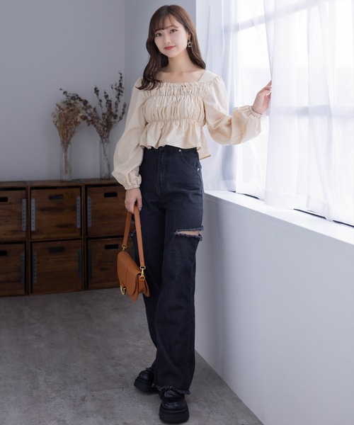 にゃーおページ セール】スクエアネックシャーリングブラウス（シャツ/ブラウス