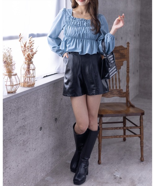 セール】スクエアネックシャーリングブラウス（シャツ/ブラウス