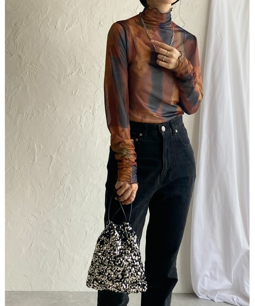 ジッパー付きハイネック長袖トップス セール】ニュアンス柄長袖メッシュパワーネットハイネックシアー