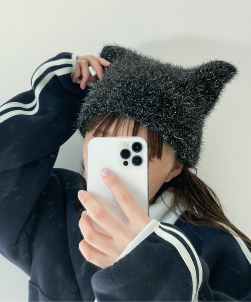 WEGO(ウィゴー)の「WEGO/キラキラネコミミキャップ(ニットキャップ/ビーニー・レディース・ブラック/ホワイト/シルバー・FREE)」の1枚目の写真