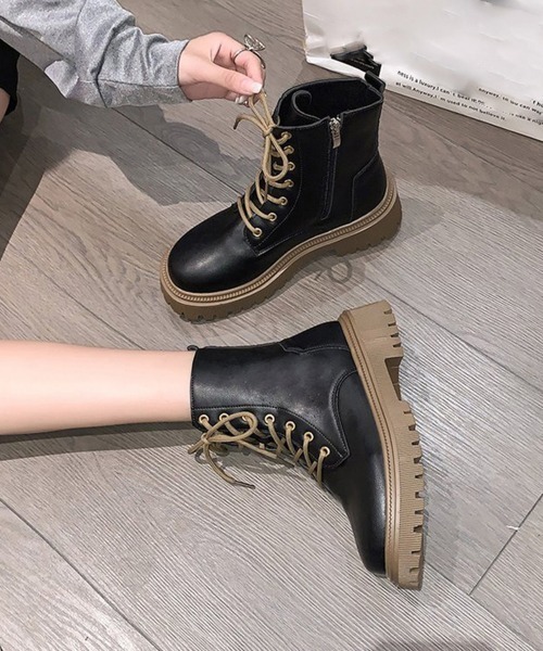 Miniministore(ミニミニストア)の「厚底ショートブーツ 韓国 編み上げブーツ(ブーツ・レディース・ブラック/アイボリー・23.5cm/23.0cm/24.0cm/24.5cm/22.5cm)」の6枚目の写真