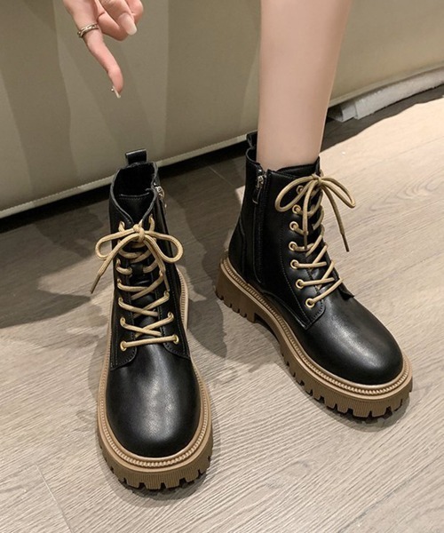 Miniministore(ミニミニストア)の「厚底ショートブーツ 韓国 編み上げブーツ(ブーツ・レディース・ブラック/アイボリー・23.5cm/23.0cm/24.0cm/24.5cm/22.5cm)」の7枚目の写真