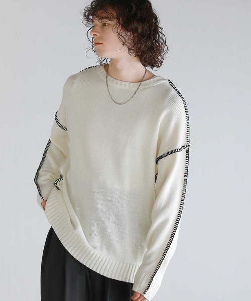 ASTRONOMY(アストロノミー)の「Buyer's Select/ビックシルエット配色ハンドステッチ長袖クルーネックニット(ニット/セーター・メンズ・チャコール/ホワイト/ブラック・XL/M/L)」の1枚目の写真