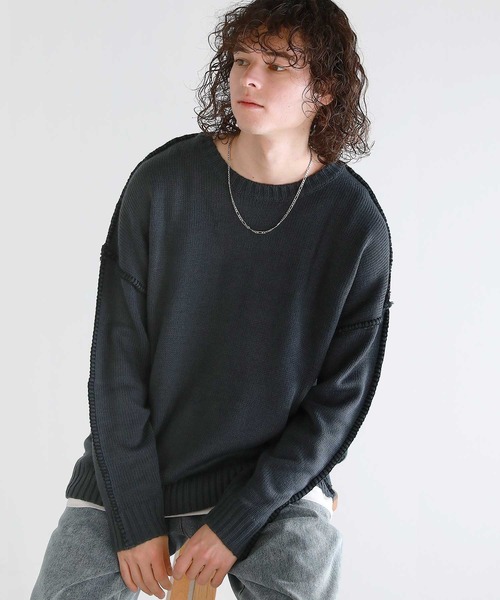 ASTRONOMY(アストロノミー)の「Buyer's Select/ビックシルエット配色ハンドステッチ長袖クルーネックニット(ニット/セーター・メンズ・チャコール/ホワイト/ブラック・XL/M/L)」の3枚目の写真