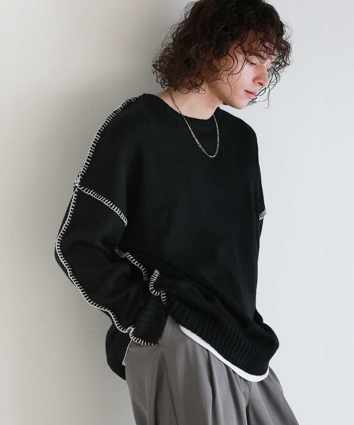 ASTRONOMY(アストロノミー)の「Buyer's Select/ビックシルエット配色ハンドステッチ長袖クルーネックニット(ニット/セーター・メンズ・チャコール/ホワイト/ブラック・XL/M/L)」の2枚目の写真