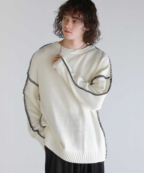 ASTRONOMY(アストロノミー)の「Buyer's Select/ビックシルエット配色ハンドステッチ長袖クルーネックニット(ニット/セーター・メンズ・チャコール/ホワイト/ブラック・XL/M/L)」の4枚目の写真