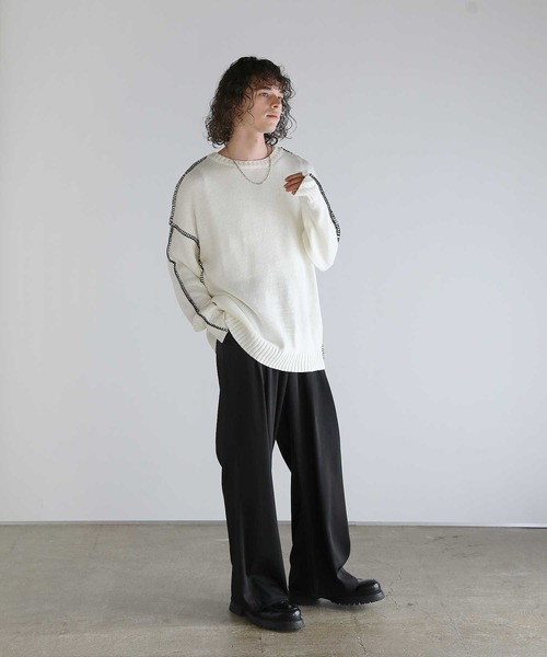 ASTRONOMY(アストロノミー)の「Buyer's Select/ビックシルエット配色ハンドステッチ長袖クルーネックニット(ニット/セーター・メンズ・チャコール/ホワイト/ブラック・XL/M/L)」の7枚目の写真