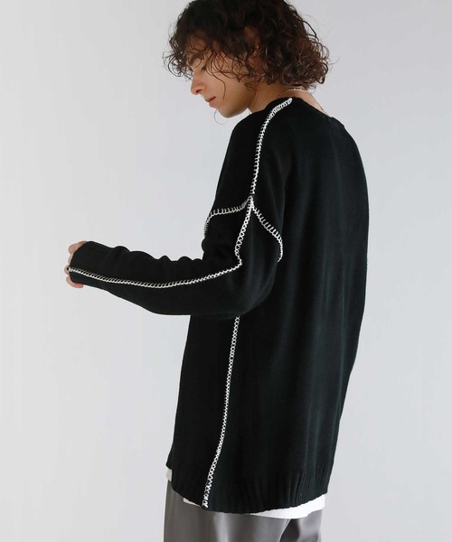 ASTRONOMY(アストロノミー)の「Buyer's Select/ビックシルエット配色ハンドステッチ長袖クルーネックニット(ニット/セーター・メンズ・チャコール/ホワイト/ブラック・XL/M/L)」の11枚目の写真
