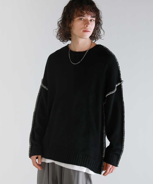 ASTRONOMY(アストロノミー)の「Buyer's Select/ビックシルエット配色ハンドステッチ長袖クルーネックニット(ニット/セーター・メンズ・チャコール/ホワイト/ブラック・XL/M/L)」の12枚目の写真
