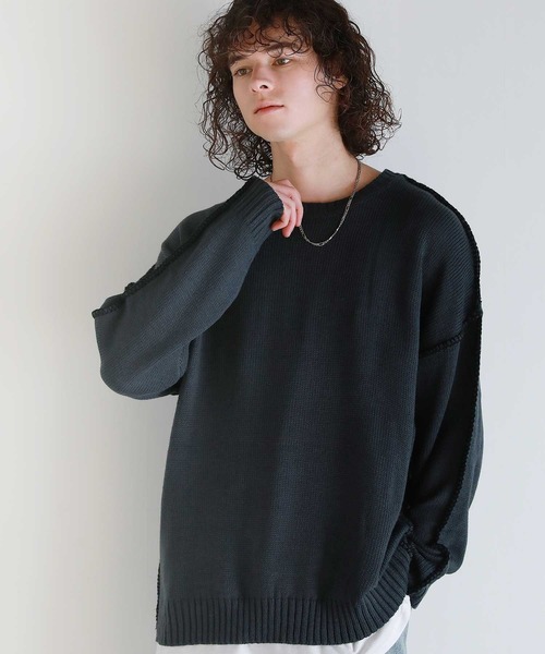 ASTRONOMY(アストロノミー)の「Buyer's Select/ビックシルエット配色ハンドステッチ長袖クルーネックニット(ニット/セーター・メンズ・チャコール/ホワイト/ブラック・XL/M/L)」の16枚目の写真