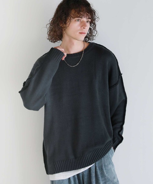 ASTRONOMY(アストロノミー)の「Buyer's Select/ビックシルエット配色ハンドステッチ長袖クルーネックニット(ニット/セーター・メンズ・チャコール/ホワイト/ブラック・XL/M/L)」の17枚目の写真