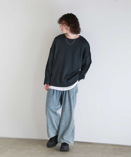 ASTRONOMY(アストロノミー)の「Buyer's Select/ビックシルエット配色ハンドステッチ長袖クルーネックニット(ニット/セーター・メンズ・チャコール/ホワイト/ブラック・XL/M/L)」の19枚目の写真