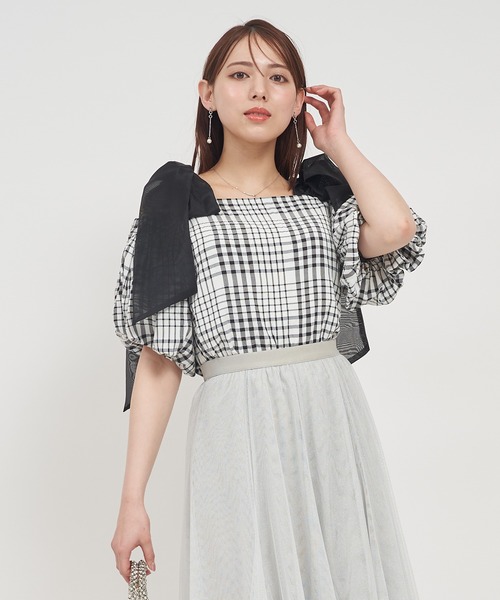 ROYAL PARTY(ロイヤルパーティー)の「ショルダーリボンオフショルブラウス(シャツ/ブラウス・レディース・チェック/ブラック/オフホワイト・FREE)」の19枚目の写真