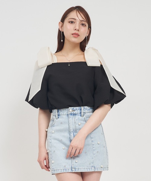 ROYAL PARTY(ロイヤルパーティー)の「ショルダーリボンオフショルブラウス(シャツ/ブラウス・レディース・チェック/ブラック/オフホワイト・FREE)」の21枚目の写真