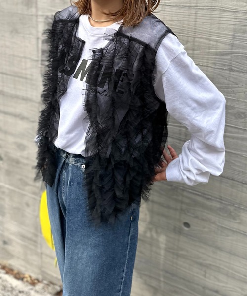 mi via loca（ミヴィアロカ）の「シアーチュール フリルベスト（ベスト・レディース・ブラック/オフホワイト/グレー/スモーキーグリーン系・FREE）」の14枚目の写真