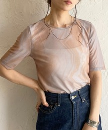She's Closet（シーズクローゼット）の「マーブルニュアンス柄半袖クルーネックメッシュシアートップス（Tシャツ/カットソー）」