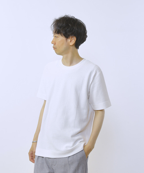 MEN'S MELROSE(メンズメルローズ)の「グレンチェックジャガードクルーネックTシャツ(Tシャツ/カットソー・メンズ・ブルーグレー/ホワイト/ネイビー・2/3/4)」の2枚目の写真