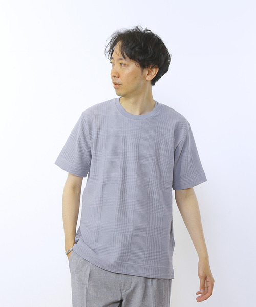 MEN'S MELROSE(メンズメルローズ)の「グレンチェックジャガードクルーネックTシャツ(Tシャツ/カットソー・メンズ・ブルーグレー/ホワイト/ネイビー・2/3/4)」の1枚目の写真