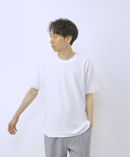 MEN'S MELROSE(メンズメルローズ)の「グレンチェックジャガードクルーネックTシャツ(Tシャツ/カットソー・メンズ・ブルーグレー/ホワイト/ネイビー・2/3/4)」の14枚目の写真