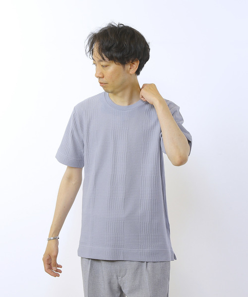 MEN'S MELROSE(メンズメルローズ)の「グレンチェックジャガードクルーネックTシャツ(Tシャツ/カットソー・メンズ・ブルーグレー/ホワイト/ネイビー・2/3/4)」の10枚目の写真