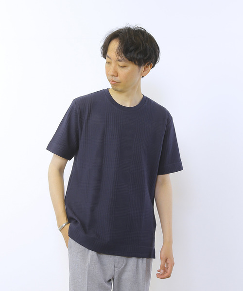 MEN'S MELROSE(メンズメルローズ)の「グレンチェックジャガードクルーネックTシャツ(Tシャツ/カットソー・メンズ・ブルーグレー/ホワイト/ネイビー・2/3/4)」の7枚目の写真