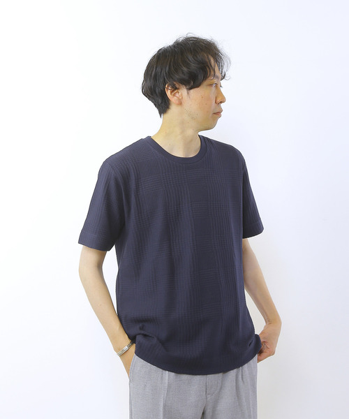 MEN'S MELROSE(メンズメルローズ)の「グレンチェックジャガードクルーネックTシャツ(Tシャツ/カットソー・メンズ・ブルーグレー/ホワイト/ネイビー・2/3/4)」の6枚目の写真
