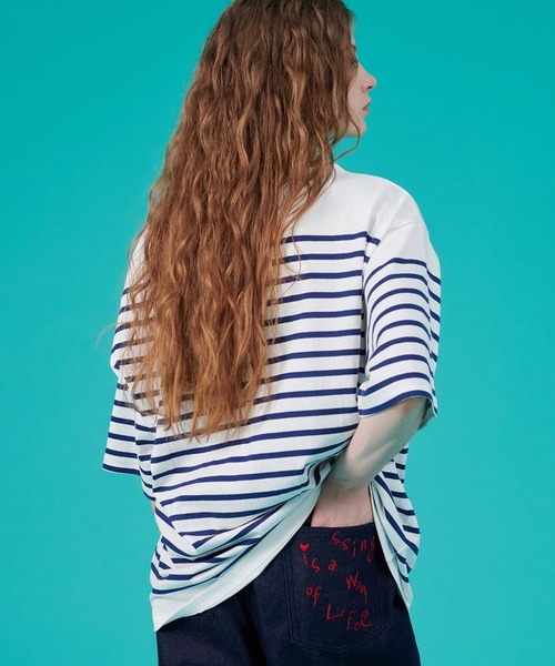 ONCILY(オンシェリー)の「HEART LOGO PANEL BORDER T-SHIRT / ハートロゴパネルボーダーTシャツ(Tシャツ/カットソー・メンズ・オフホワイト/ピンク/レッド/ネイビー・LARGE/SMALL/MEDIUM)」の8枚目の写真
