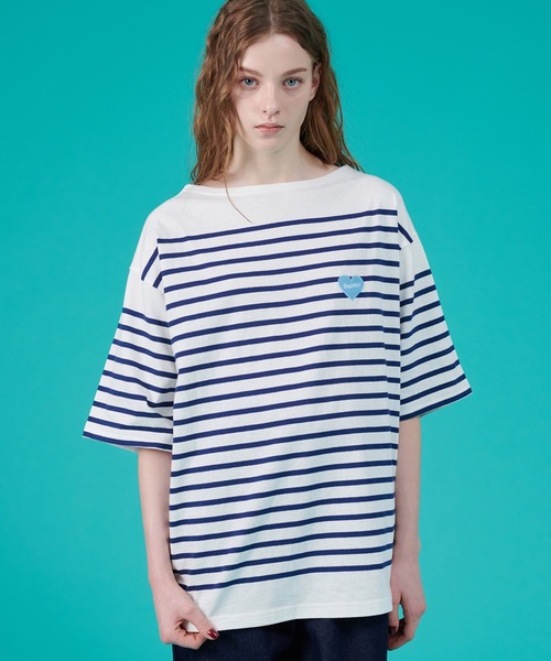 ONCILY(オンシェリー)の「HEART LOGO PANEL BORDER T-SHIRT / ハートロゴパネルボーダーTシャツ(Tシャツ/カットソー・メンズ・オフホワイト/ピンク/レッド/ネイビー・LARGE/SMALL/MEDIUM)」の6枚目の写真