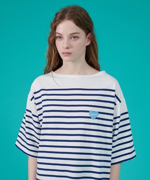 ONCILY(オンシェリー)の「HEART LOGO PANEL BORDER T-SHIRT / ハートロゴパネルボーダーTシャツ(Tシャツ/カットソー・メンズ・オフホワイト/ピンク/レッド/ネイビー・LARGE/SMALL/MEDIUM)」の5枚目の写真