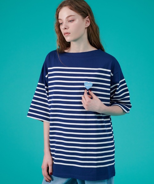 ONCILY(オンシェリー)の「HEART LOGO PANEL BORDER T-SHIRT / ハートロゴパネルボーダーTシャツ(Tシャツ/カットソー・メンズ・オフホワイト/ピンク/レッド/ネイビー・LARGE/SMALL/MEDIUM)」の16枚目の写真
