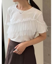[2024 SUMMER COLLECTION][接触冷感]チュールアシンメトリーデザインＴシャツ